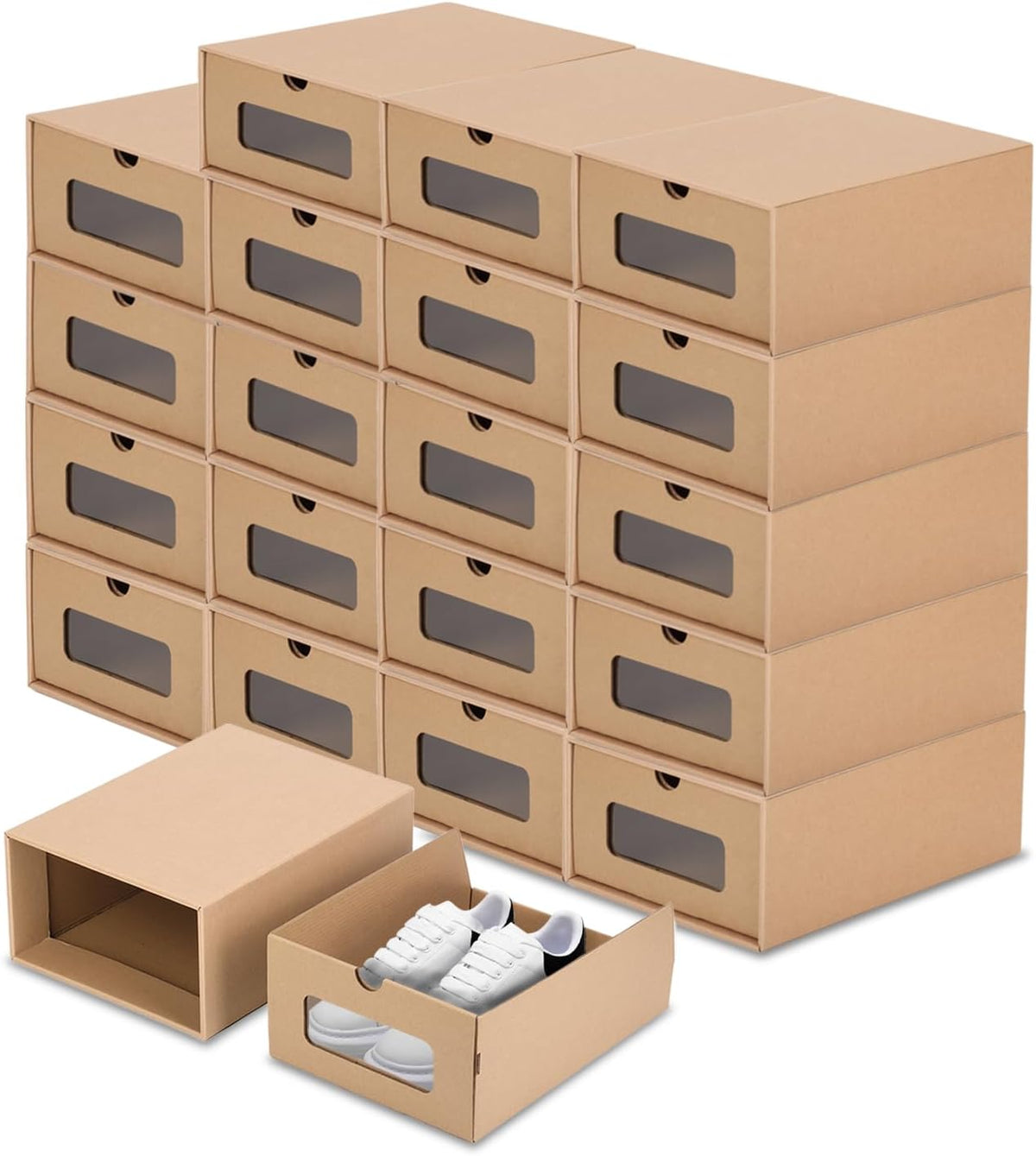 20 Pack Shoe Box Cardboard Shoe Storage Boxes with Transparent Window Waterproof Stackable Storage Boxes with Lids Heavy Duty Kraft Drawer Shoe Boxes for Shoes, Socks, Stationery, Underwear