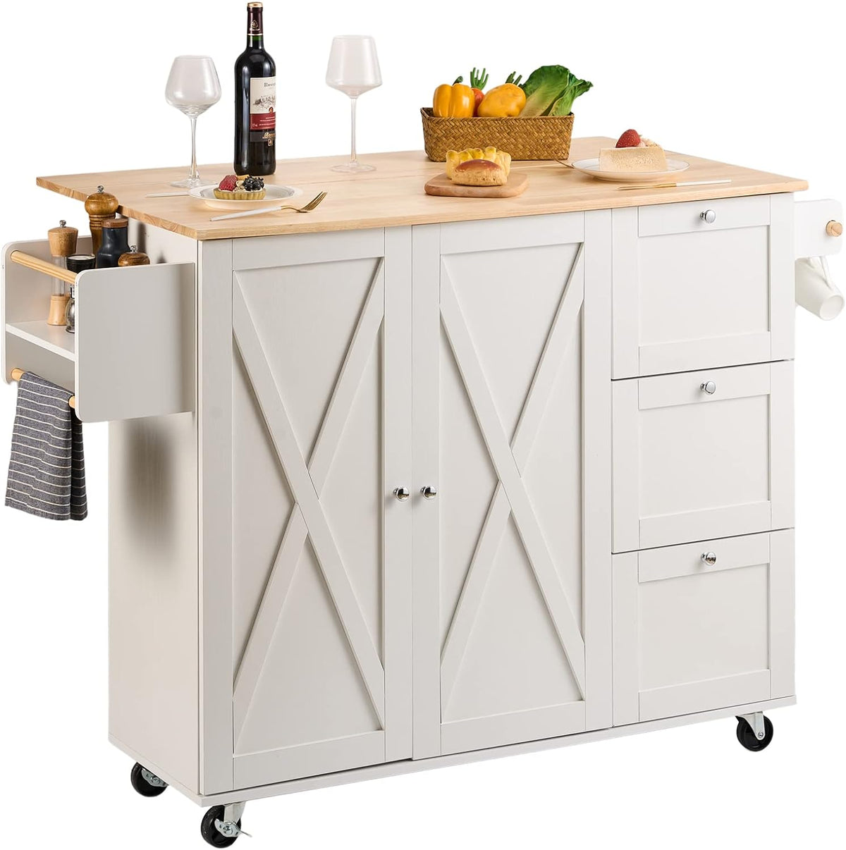 VEVOR Kitchen Island Cart with Solid Wood Top, 45.3" Width Mobile Carts with Storage Cabinet, Rolling Kitchen Table with Spice Rack, Towel Rack, Drop Leaf and Drawer, Portable Islands on Wheels, White Main image