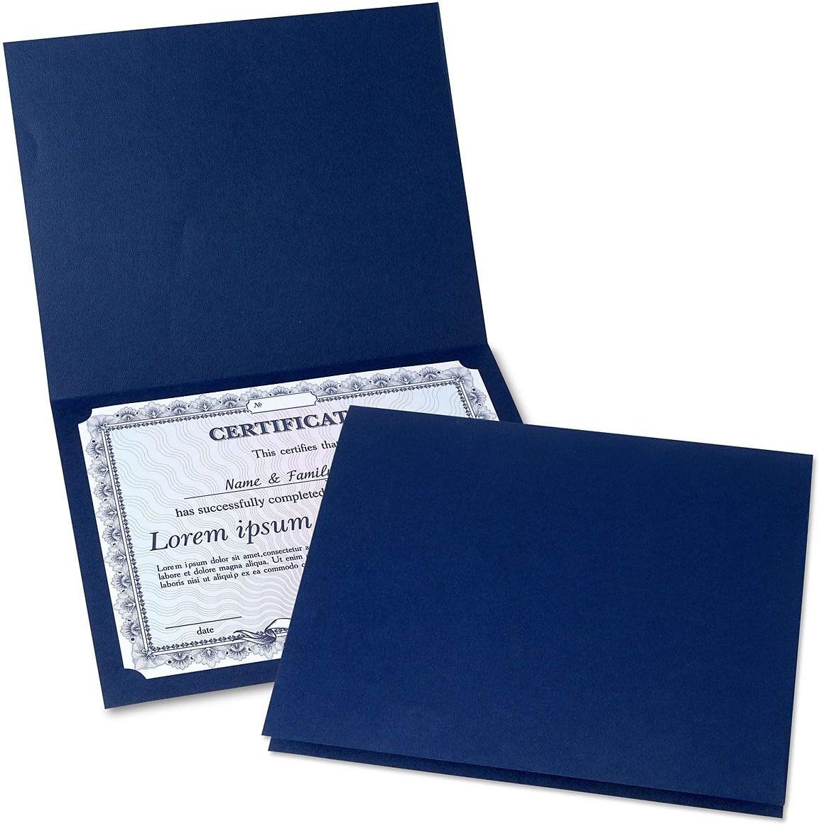 Plain Blue Certificate Folders - Pack of 50, Linen Cover 80 lb. Stock, Folded, Die-Cut Corners, for Office, Business Awards, Graduation, School Diploma Holder, 9-1/2" x 12"