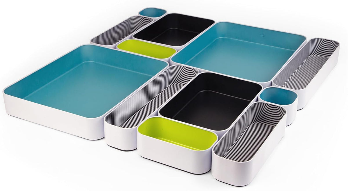 Three by Three Seattle 12 Piece Metal Organizer Tray Set for Storing Makeup, Stationery, Utensils, and More in Office Desk, Kitchen and Bathroom Drawers (2 Inch, Assorted Colors, Stripes) Main image