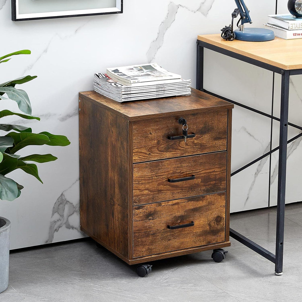 Mobile File Cabinet with Lockable Drawer, 3-Drawers Under Desk Cabinet with 360°Swivel Wheels, Wooden Stationery Storage Cabinet for Legal/Letter/ A4 Documents (Brown) Main image