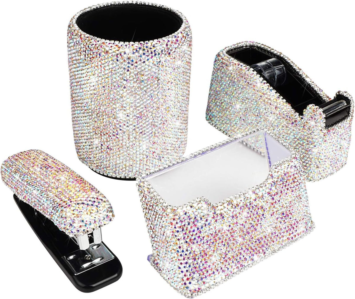 KEYPOWER Bling Crystal Luxury Handmade Diamond Round Pencil Pen Pot Holder & Stapler & Card Holder & Desktop Tape Dispenser Office Stationery Kit for Fashion Girls Women(AB Color) Main image